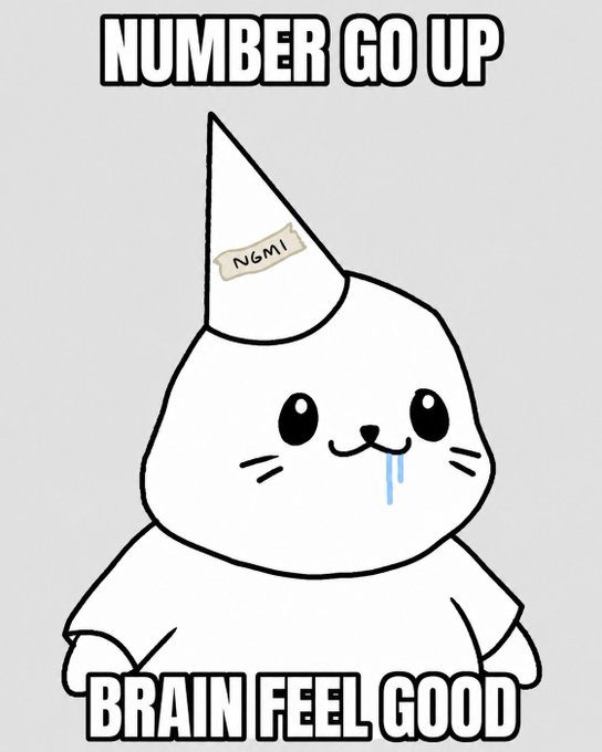 A cartoon cat meme wearing a dunce cap labeled 'NGMI' with text reading 'NUMBER GO UP' at the top and 'BRAIN FEEL GOOD' at the bottom.