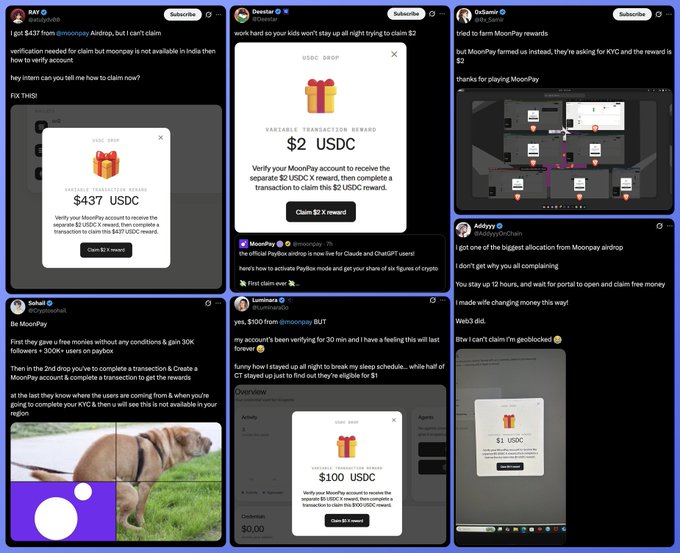 A collage of social media posts from users (Ray, Director, DoJamie, Sohail, I ammar, Adejoy) complaining about MoonPay and Bybit airdrops, sharing screenshots of various USDC reward amounts like $437, $2, $1, and $100.