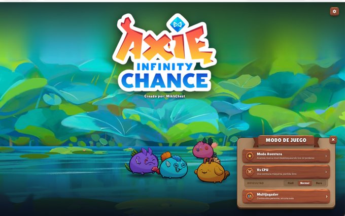 The title screen for 'Axie Infinity CHANCE' displays colorful Axie characters on water with a menu panel in Spanish showing options like 'Modo Aventura', 'Vs CPU', and 'Multijugador'.