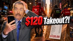 A YouTube thumbnail featuring a shocked-looking man in a suit with the text "$120 Takeout?!" next to a $120.00 bill.