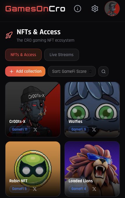 A screenshot of the GamesOnCro app showing the 'NFTs & Access' section with collections like CrOOts-X (GameFi 11), Wolfies (GameFi 9), Robin NFT (GameFi 5), and Loddled Lions (GameFi 4).