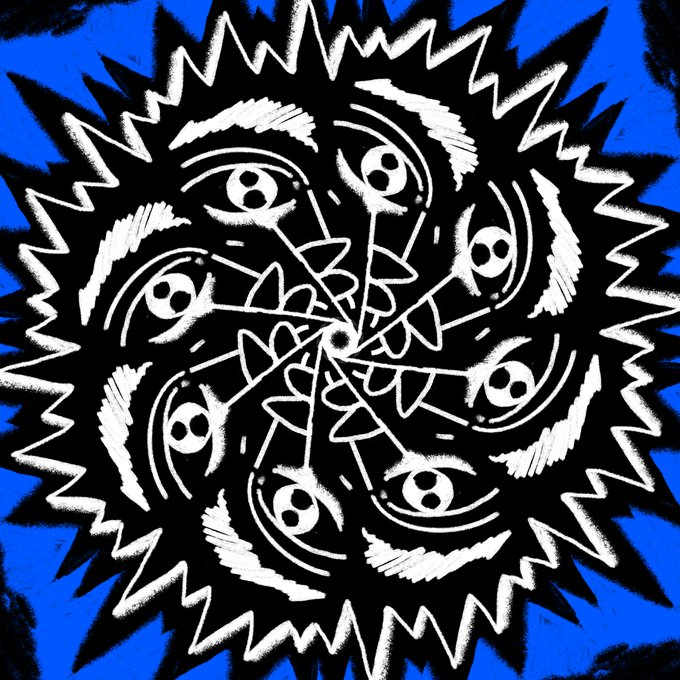 A black and white mandala-like design featuring multiple eyes and geometric shapes on a bright blue background.