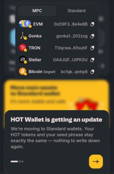 The image shows a wallet update screen listing supported blockchains—including EVM (0x0fF3...9e46B), Gonka (gonka1...2o2zg), TRON (TVqcwa...KfouhF), Stellar (GA4JOF...UIPKSU), and Bitcoin Segwit (bc1qgk...qnhp8)—with a notification at the bottom stating "HOT Wallet is getting an update" and that it's transitioning from MPC to Standard wallets while keeping existing HOT tokens and seed phrases unchanged.