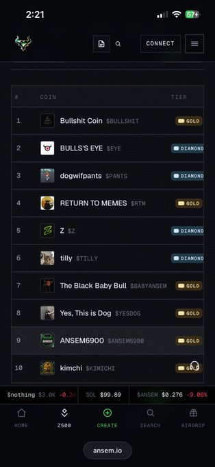 A mobile screenshot of the ansem.io platform displaying a ranked list of top trending meme coins, led by "Bullshit Coin ($BULLSHIT)" at #1, followed by $BULLSEYE, $PANTS, $GRTM, $SZ, $TILLY, $BABYANSEM, $YESDOG, $ANSEM6900, and $KIMCHI at #10. Tickers like $SOL (+0.1%) and $ANSEM (-9.06%) show market movement at the bottom, illustrating the volatile trading activity referenced in the post about these tokens "cooking."