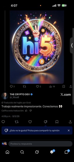 A Twitter/X post by 'THE CRYPTO DEV' (@_Niss0) promoting translation work, featuring a colorful 'hi5' coin graphic.