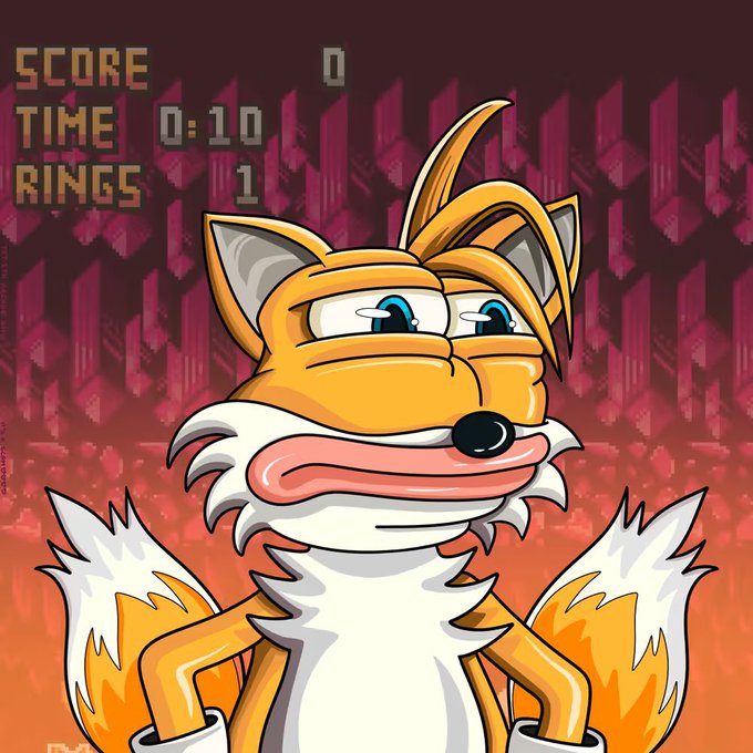 A digital illustration of Tails from the Sonic the Hedgehog franchise in a Sonic 3 style, with a scoreboard showing SCORE 0, TIME 0:10, and RINGS 1.