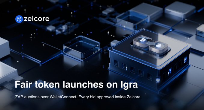 A promotional graphic for Zelcore with text reading "Fair token launches on Igra" and "ZAP auctions over WalletConnect. Every bid approved inside Zelcore."