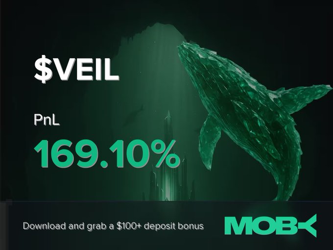 A promotional graphic from Moby displaying a Win Alert for $VEIL with a PnL of +169.10%, featuring a green crystal whale underwater alongside a call to download and claim a $100+ deposit bonus. The image visually celebrates the trader's profitable close, matching the post's highlight of the strong gains made since the token began trending at lower market cap levels.