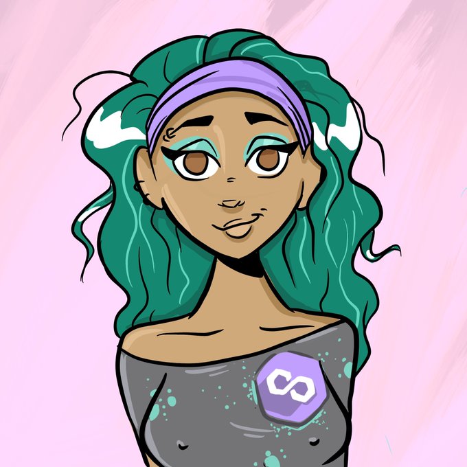 A cartoon illustration of a woman with teal hair, a purple headband, and an infinity symbol pin on her grey off-shoulder top, set against a pink background.