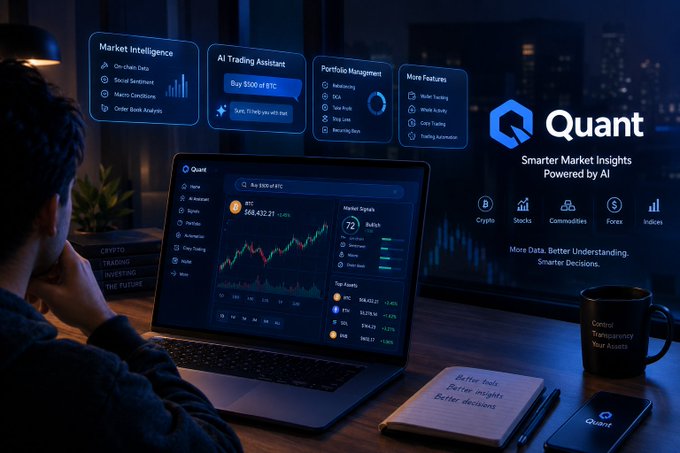 A promotional graphic for 'Quant' displays an AI-powered market intelligence dashboard showing crypto trading data, with text including 'Smarter Market Insights Powered by AI' and 'More Data, Better Understanding. Smarter Decisions.'