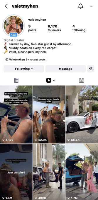 An Instagram profile for 'valetmyhen', a digital creator described as a 'Farmer by day, five-star guest by afternoon,' showing 9 posts and 6,170 followers.
