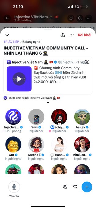 A mobile phone screenshot of a Twitter/X page showing 'Injective Việt Nam' with a post about an 'INJECTIVE VIETNAM COMMUNITY CALL - NHÌN LẠI THÁNG 6' and a BuyBack of over $242,000 USD.