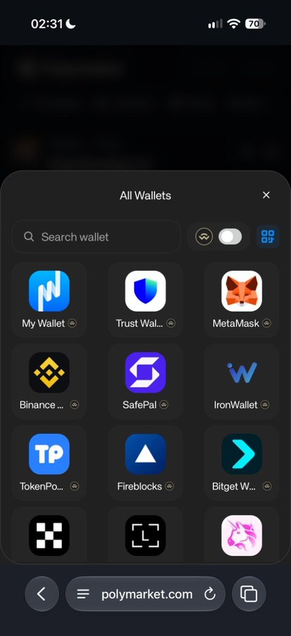 A mobile browser displaying the "All Wallets" selector on polymarket.com, with WalletConnect featuring prominently at the top of the wallet grid with a special certification badge, directly illustrating the achievement mentioned in the post.