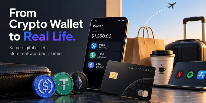 A crypto wallet app displays balances of $1,250.00 total, with USDC at $850.00, USDT at $300.00, and ETH at $100.00, alongside a "Crypto Card" positioned among travel essentials like luggage, a coffee cup, and a wallet featuring crypto coin tokens, illustrating the seamless transition from digital assets to real-world spending on travel and daily purchases.