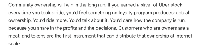 A text excerpt discussing community ownership as a long-term winner, comparing it to earning Uber stock as a rider, and highlighting tokens as a way to distribute ownership at internet scale.