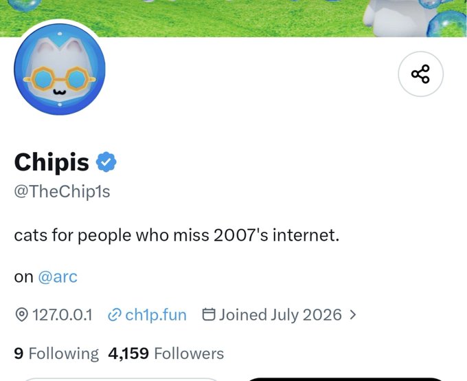 A Twitter profile for "Chipis" (@TheChip1s) shows a blue cat character wearing glasses, with the bio "cats for people who miss 2007's internet," 4,159 followers, and the website ch1p.fun. The profile is referenced in the giveaway post as one of the required accounts to follow for a chance to win a guaranteed WL spot.
