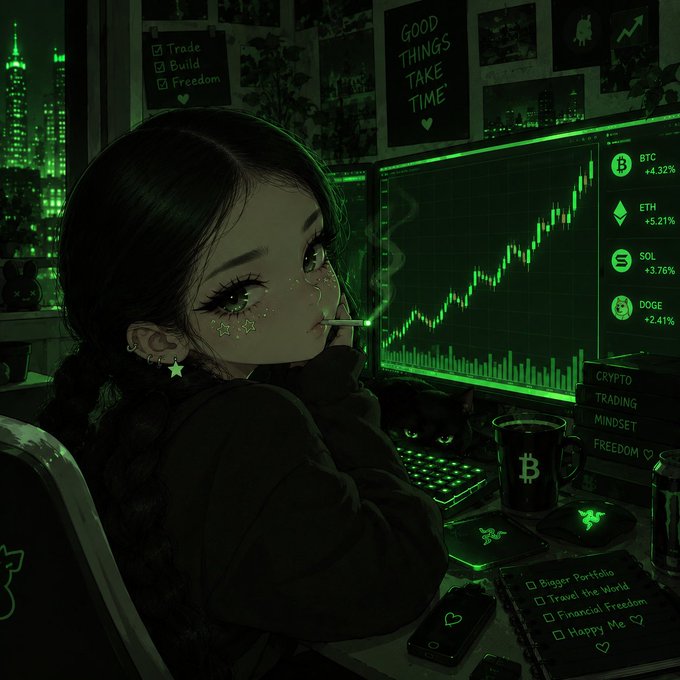 A stylized illustration of a young woman smoking while watching a green-glowing crypto trading chart showing BTC +4.32%, ETH +5.21%, SOL +3.76%, and DOGE +2.41%, surrounded by items reading 'GOOD THINGS TAKE TIME', 'Trade Build Freedom', 'CRYPTO TRADING MINDSET FREEDOM', and a checklist including 'Bigger Portfolio' and 'Financial Freedom'.