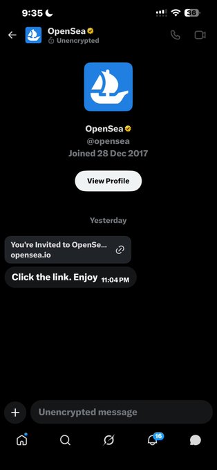 A Twitter DM screenshot from OpenSea (@opensea) with a verified account, displaying a message saying 'You're Invited to OpenSe... opensea.io' and 'Click the link. Enjoy' sent at 11:04 PM.