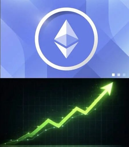 An image split into two halves: the top shows the Ethereum logo on a blue background, and the bottom shows a green rising line graph indicating growth.