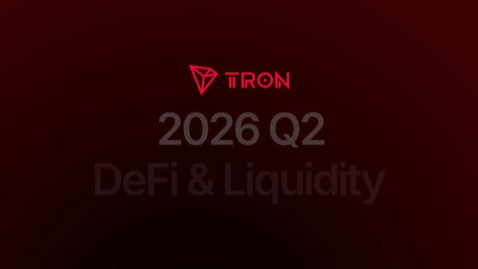 A dark red background displaying the TRON logo with the text "2026 Q2 DeFi & Liquidity".