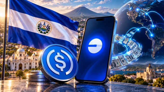 A promotional graphic featuring the El Salvador flag, a smartphone displaying a digital dollar app, a large USDC coin, and a globe with flowing money.