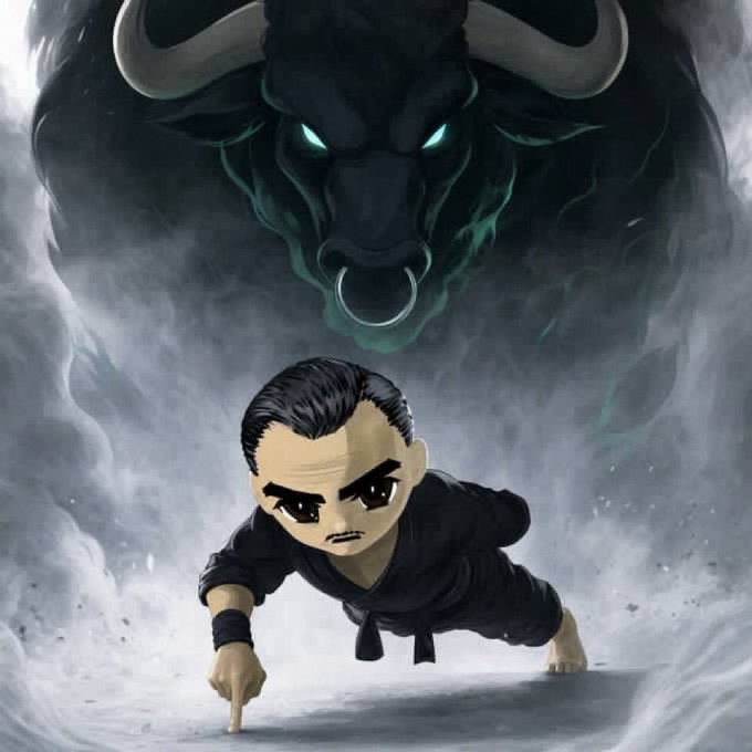 A stylized animated image shows a determined-looking character in a black martial arts outfit pointing downward, with a massive glowing-eyed black bull emerging from smoke behind them.