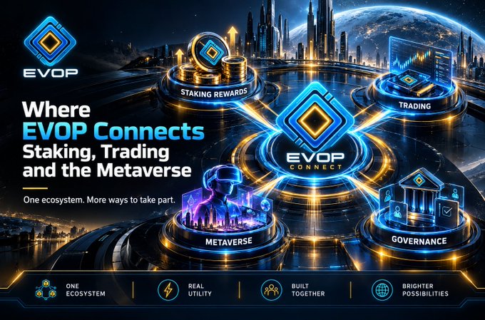 A digital promotional banner for 'EVOP' displaying the tagline 'Where EVOP Connects Staking, Trading and the Metaverse' alongside futuristic graphics representing staking rewards, trading, metaverse, and governance.