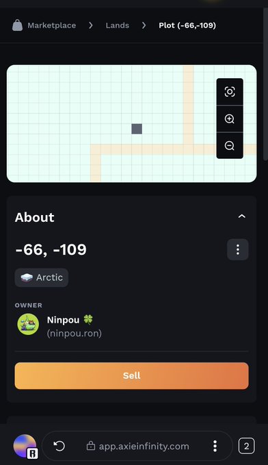 A mobile screenshot from app.axieinfinity.com showing a digital land listing for coordinates '-66, -109' classified as 'Arctic,' owned by user 'Ninpou' (ninpou.ron), with a Sell button.