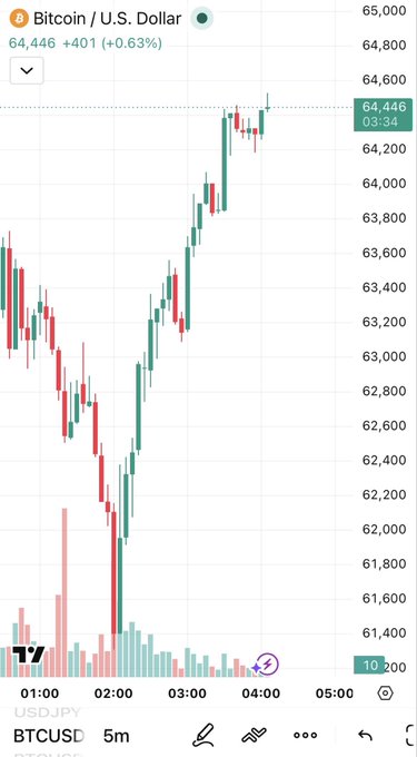 The image shows a screenshot of a mobile device displaying a graph with Bitcoin prices, along with a time-lapse view of the fluctuations over several hours. The Bitcoin price at $64.00 is displayed as the highest point in the chart for this particular period. Additionally, there are descriptions provided that relate to Bitcoin pump activity and how users might feel about Bitcoin's performance during specific times.