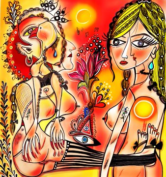 A colorful, surreal illustration depicts two expressive women—one with a fiery, mask‑like face and the other with green hair—under a radiant sun and moon. The scene visualizes the “whore in love” NFT (0.555 ETH, 0.025 ETH, 12 minted, 3 remaining) and the Haruki Murakami line “Never love someone with…”.