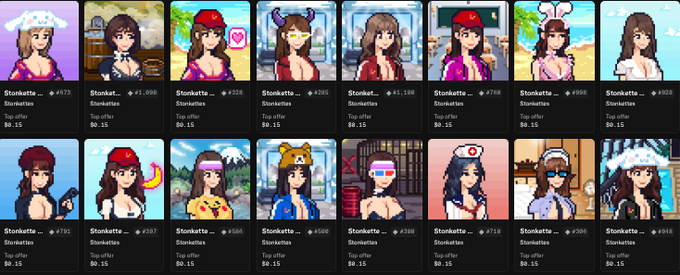 An NFT storefront on OpenSea displaying the "Stonkettes" collection, featuring pixel-art portraits of a female character in various outfits with prices ranging from #15 to #1,000, all listed at top offers of $0.15. The satirical post pokes fun at NFT collectors claiming to appreciate the art while offering minimal bids on every listed piece.