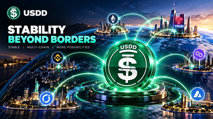 A promotional graphic for the USDD stablecoin titled "STABILITY BEYOND BORDERS" with the tagline "STABLE | MULTI-CHAIN | MORE POSSIBILITIES," featuring a large central USDD coin surrounded by cityscapes and cryptocurrency logos including Tron and Binance.