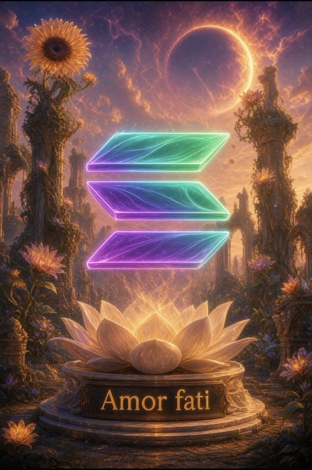 A fantasy digital artwork featuring a glowing Solana (SOL) logo above a lotus flower, with the Latin phrase 'Amor fati' inscribed on the pedestal, set against a mystical landscape with an eclipse.