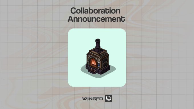 A promotional graphic with the text 'Collaboration Announcement' above an illustration of a brick fireplace on a light green background, with 'WINGFO' and a camera icon at the bottom.