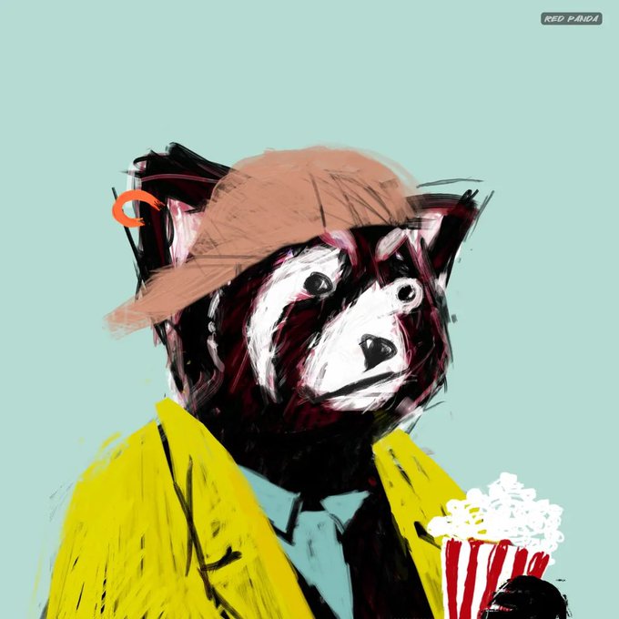 A painted portrait labeled 'RED PANDA' depicts an animal character wearing a brown cap and yellow jacket against a light blue background, holding popcorn.