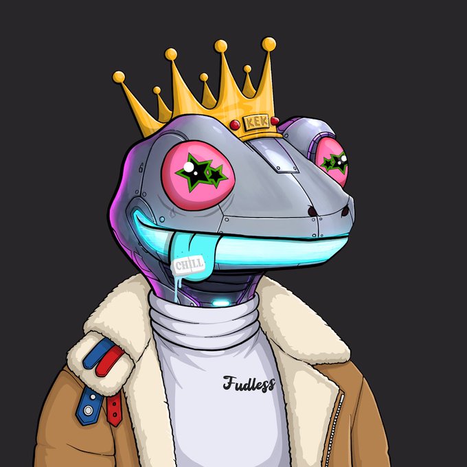 A digital NFT illustration of a cybernetic frog wearing a gold crown labeled 'KEK', a fur-lined jacket, and a 'CHILL' tag hanging from its glowing cyan mouth.