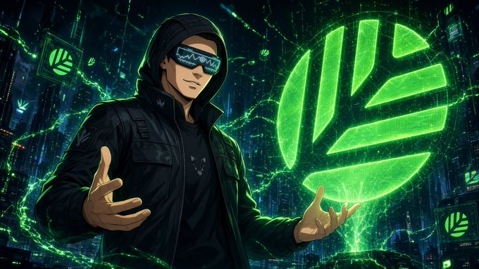 Digital artwork of a hooded figure wearing futuristic VR-style sunglasses, gesturing with his hands toward a glowing green emblem with a stylized leaf/shield design.