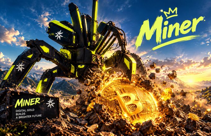 A promotional graphic for a project called 'Miner' featuring a large mechanical scorpion-like robot next to a glowing golden Bitcoin coin with the tagline 'DIGITAL GOLD BUILDS A BRIGHTER FUTURE.'