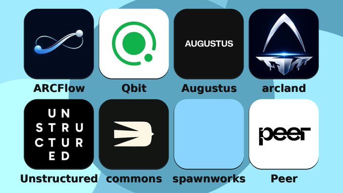 Eight app icons displayed on a light blue background labeled ARCFlow, Qbit, Augustus, arcland, Unstructured, commons, spawnworks, and Peer.