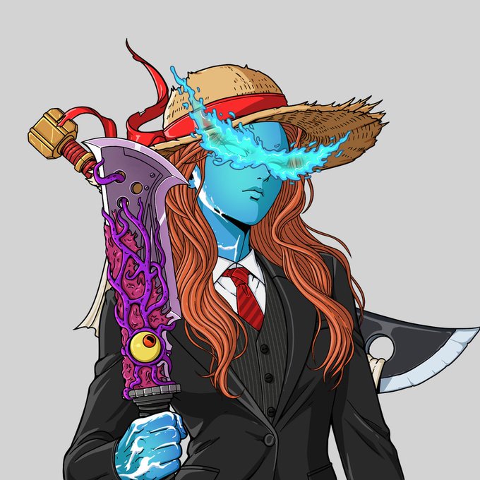 An anime-style illustration of a blue-skinned female character with long red hair, wearing a straw hat and a black suit with a red tie, holding a purple, eye-adorned sword.