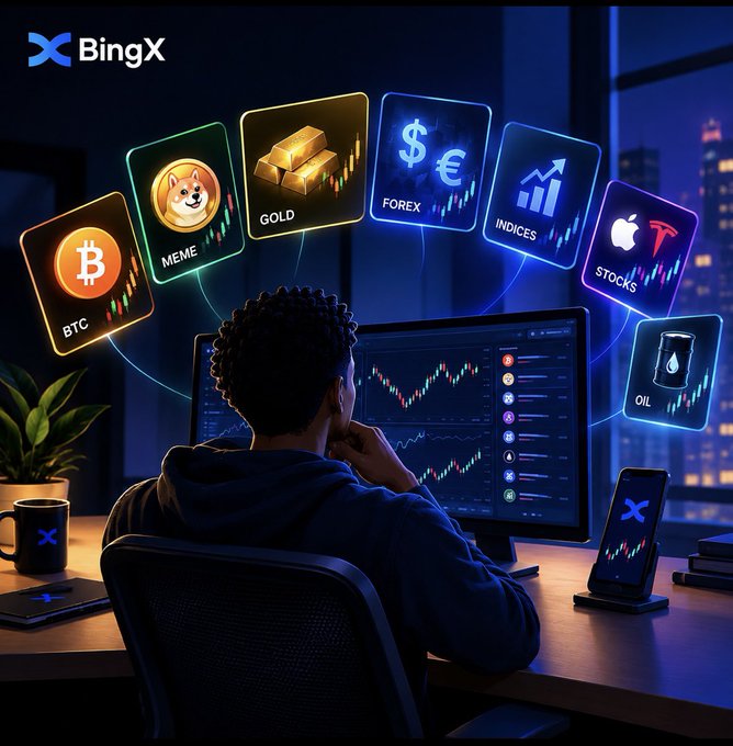 A BingX promotional image showing a person at a computer monitor with trading charts, surrounded by floating cards labeled BTC, MEME, GOLD, FOREX, INDICES, STOCKS, and OIL.