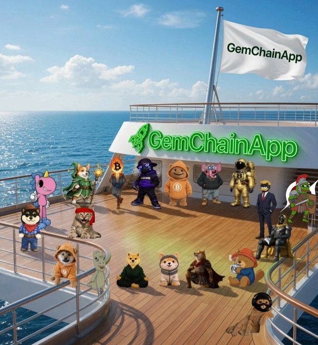 A group of meme coin mascots, including a Shiba Inu and other crypto-themed characters, gather on a cruise ship deck with a large flag and sign displaying "GemChainApp" against an ocean backdrop, illustrating the lively community vibe behind the $MANYU token.