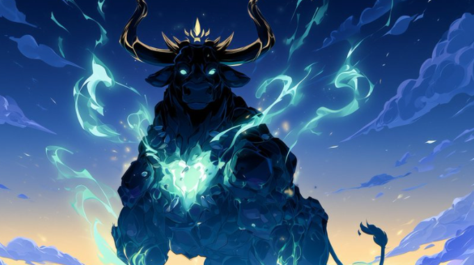A dark, ethereal bull-like creature with glowing blue eyes and antlers radiates mystical blue flames against a twilight sky, symbolizing the powerful and bullish energy behind the $ANSEM launchpad. The image's commanding, mythological creature evokes the strength and influence of Ansem's platform and its z500 onchain index for token airdrops.