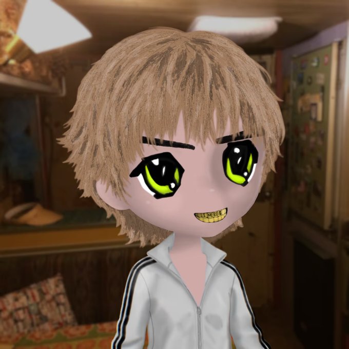 A 3D animated anime-style character with brown hair, large green eyes, and gold teeth, wearing a white tracksuit jacket.