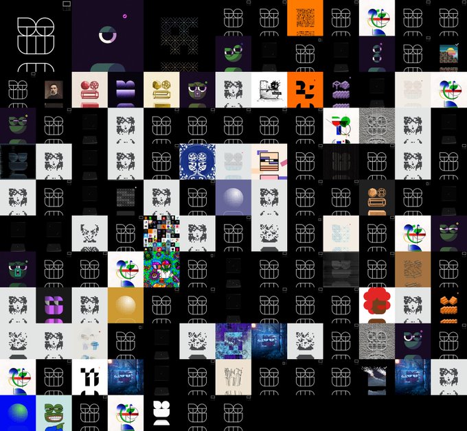 A grid of pixel art images featuring various character faces, skulls, and abstract designs in different colors.