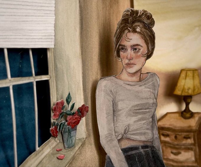 A watercolor-style illustration of a sad young woman with her hair in a bun, wearing a white long-sleeved top, sitting in a dimly lit room with a lamp and roses in a vase.