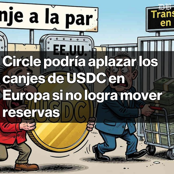 A cartoon illustration of men pushing a giant USDC coin at a border crossing, overlaid with Spanish text reading 'Circle podría aplazar los canjes de USDC en Europa si no logra mover reservas'.