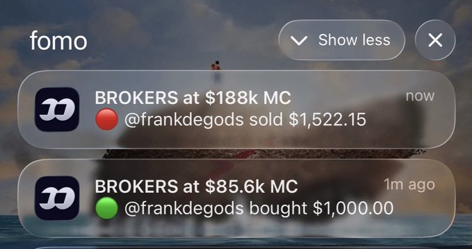 A “fomo” alert shows BROKERS at $188K market cap as @frankdegods sold $1,522.15, just 1m after buying $1,000.00 at $85.6K cap. The sequence illustrates “You’re the exit liquidity,” with the buy immediately followed by a profitable sell to the next trader.