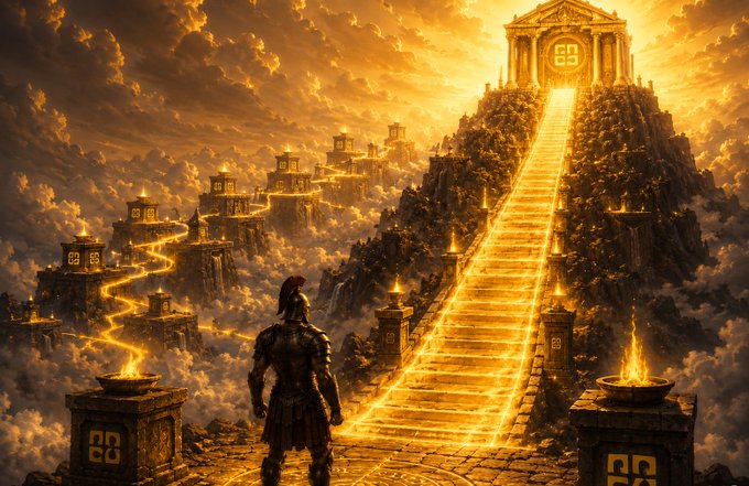A warrior gazes up at a golden staircase ascending to a temple-like structure atop a mountain, with smaller buildings and winding paths flanking the ascent. The image evokes the arduous journey of building foundational infrastructure in Web3, mirroring the post's theme of supporting projects like @NomismaNetwork and @quipnetwork that are constructing the essential layers of the decentralized web.