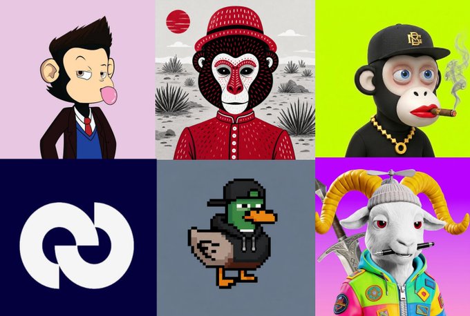 A grid of six square images featuring various stylized digital art avatars, including a monkey in a suit, a Bored Ape, a duck, and a goat character.